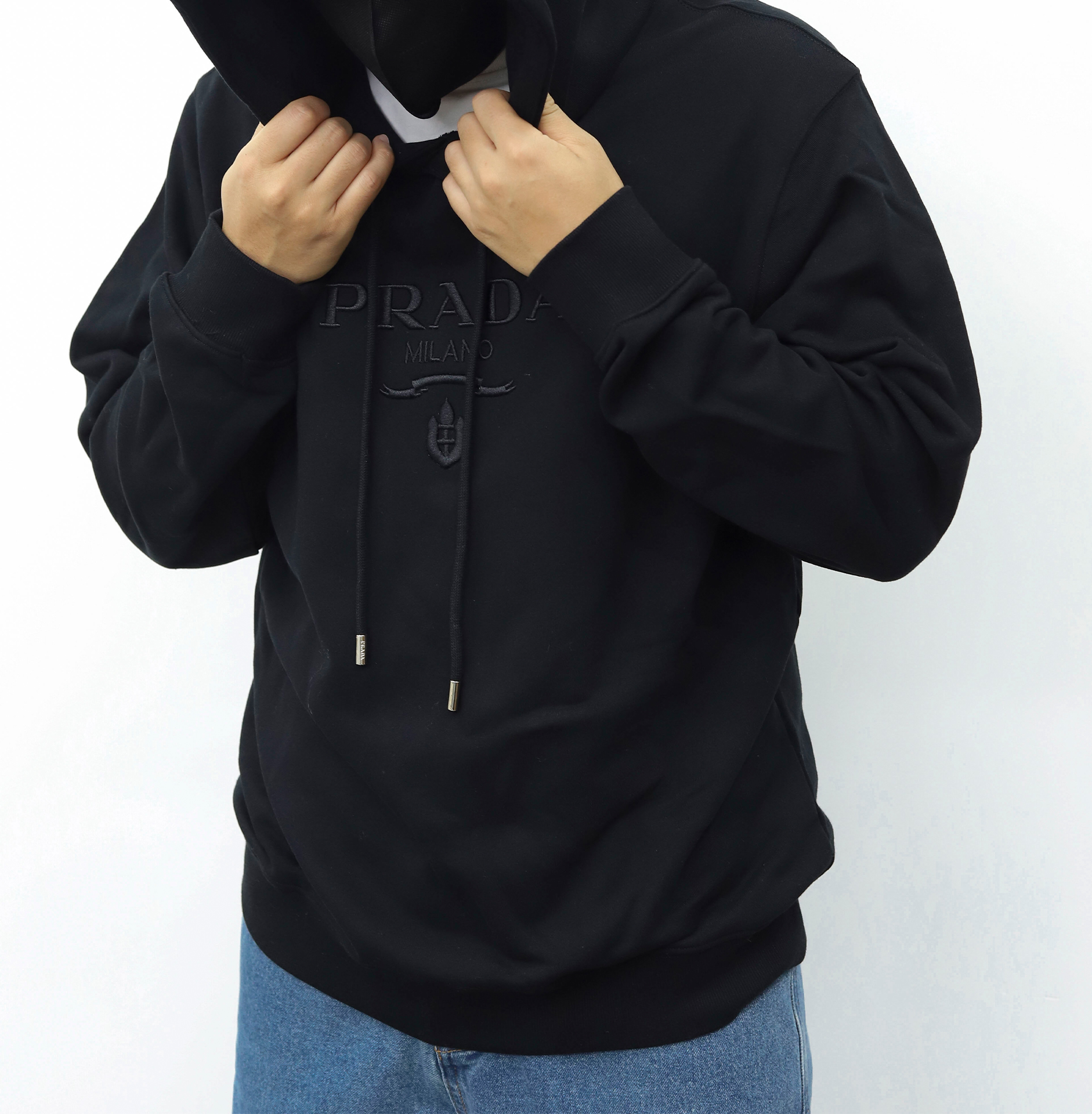PRADA连帽抽绳卫衣 黑色