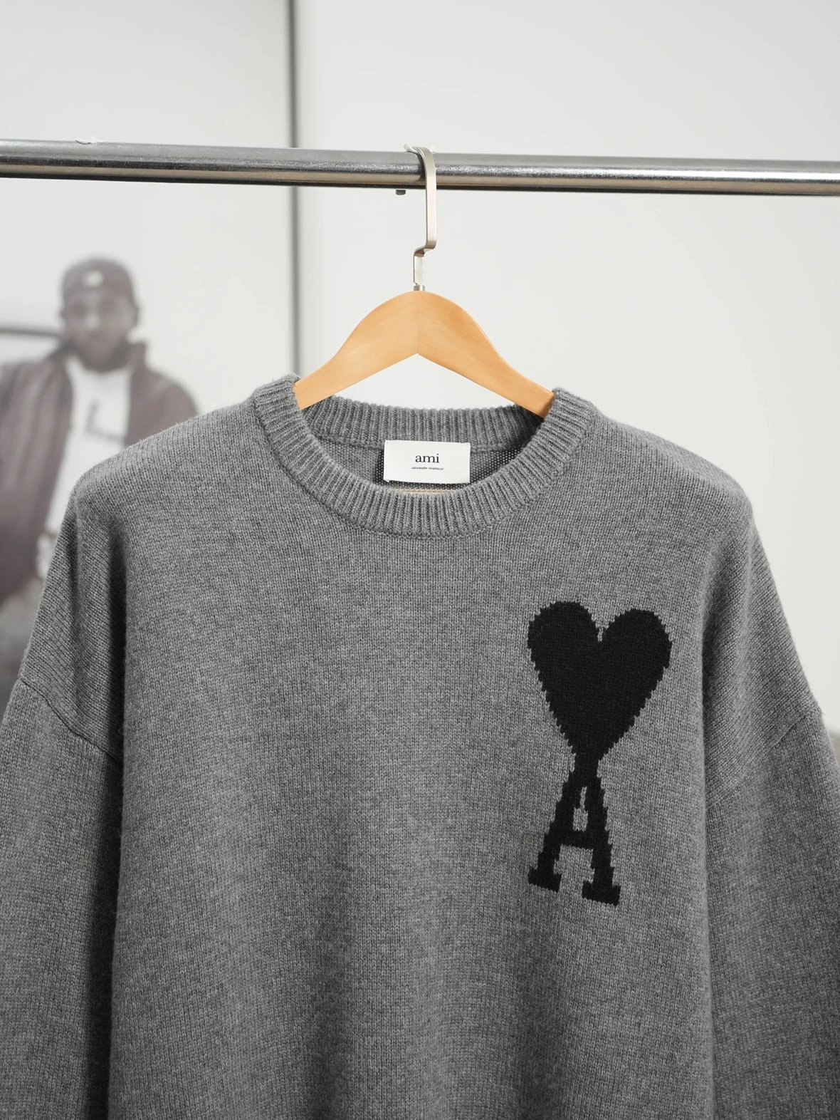 Item ID 8248 AMI Big love black label Logo Wool blend crew neck pullover sweater fo