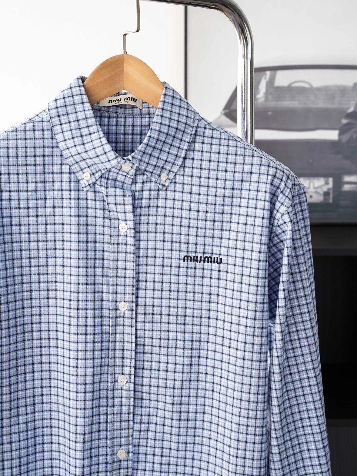 Item ID 8221 Miu Miu -SS25- Plaid Logo embroidered shirt -“40 Tencel blend ” long s