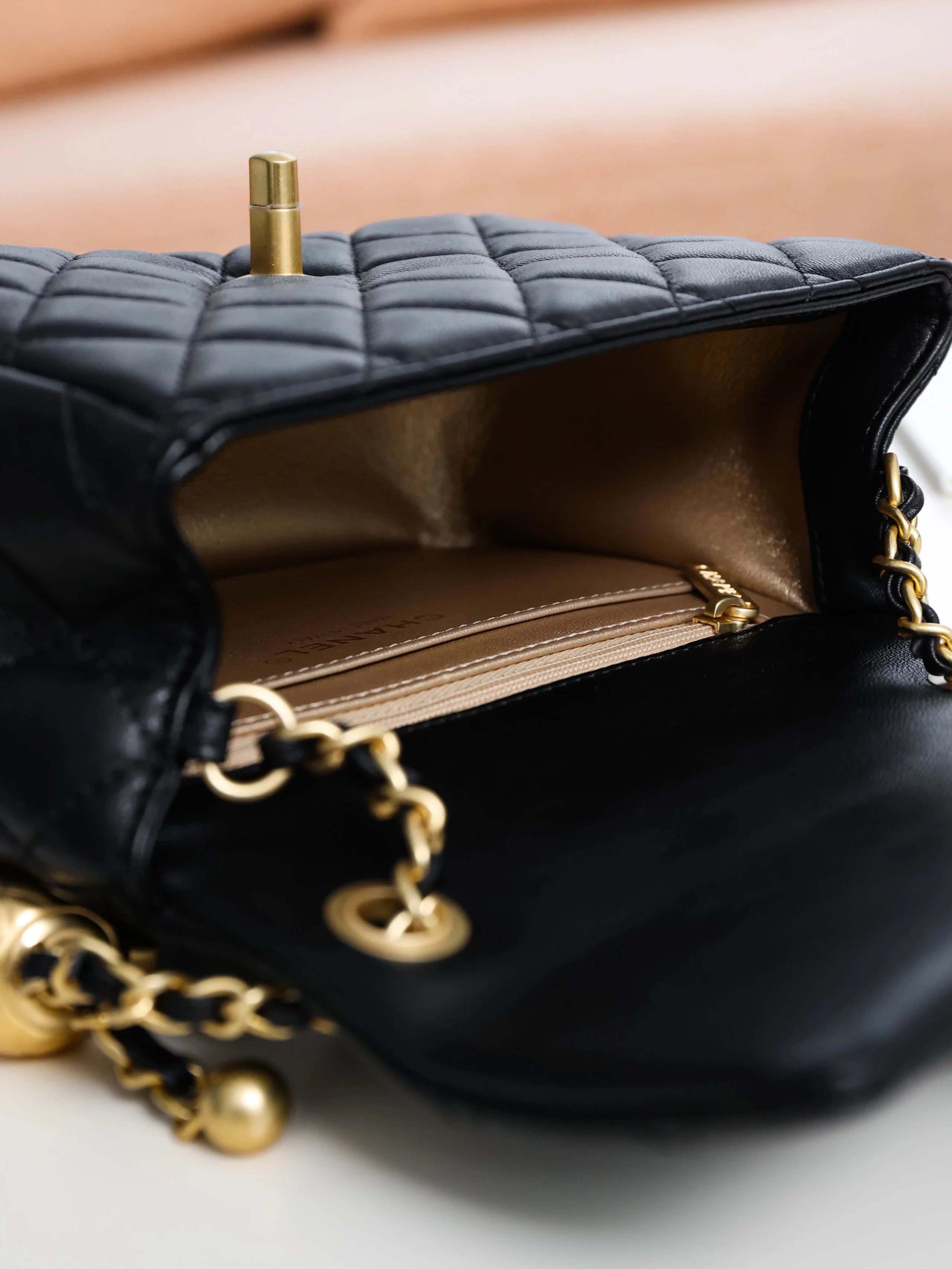 Item ID 8460 CHANEL - Classic Chain Bag - Mini Golden Bead Square Fat Flip Bag - Sm