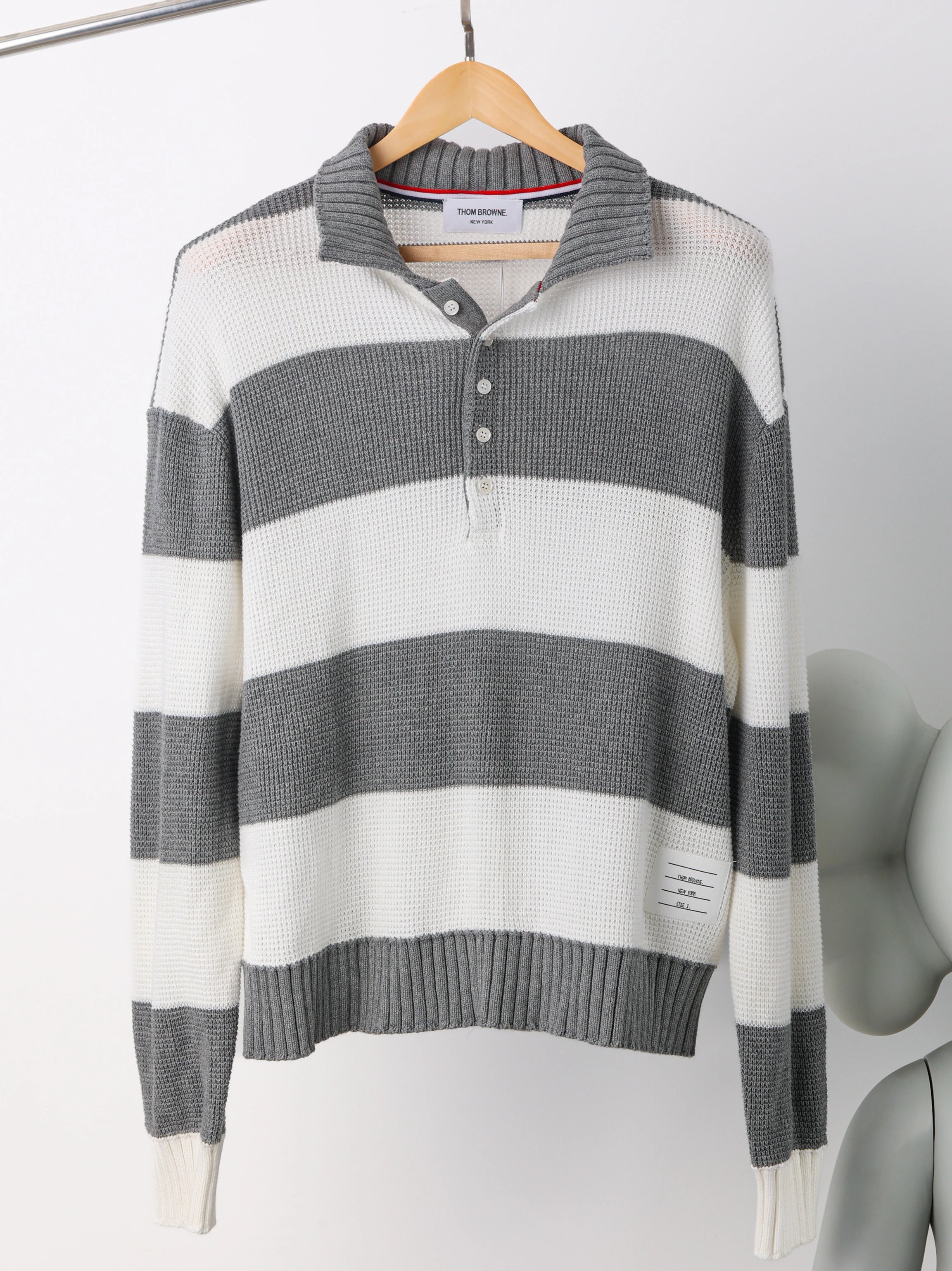 Item ID 8191 THOM-BR0WNE-TB-2024-ss-Grey white striped knitted polo shirt - Double