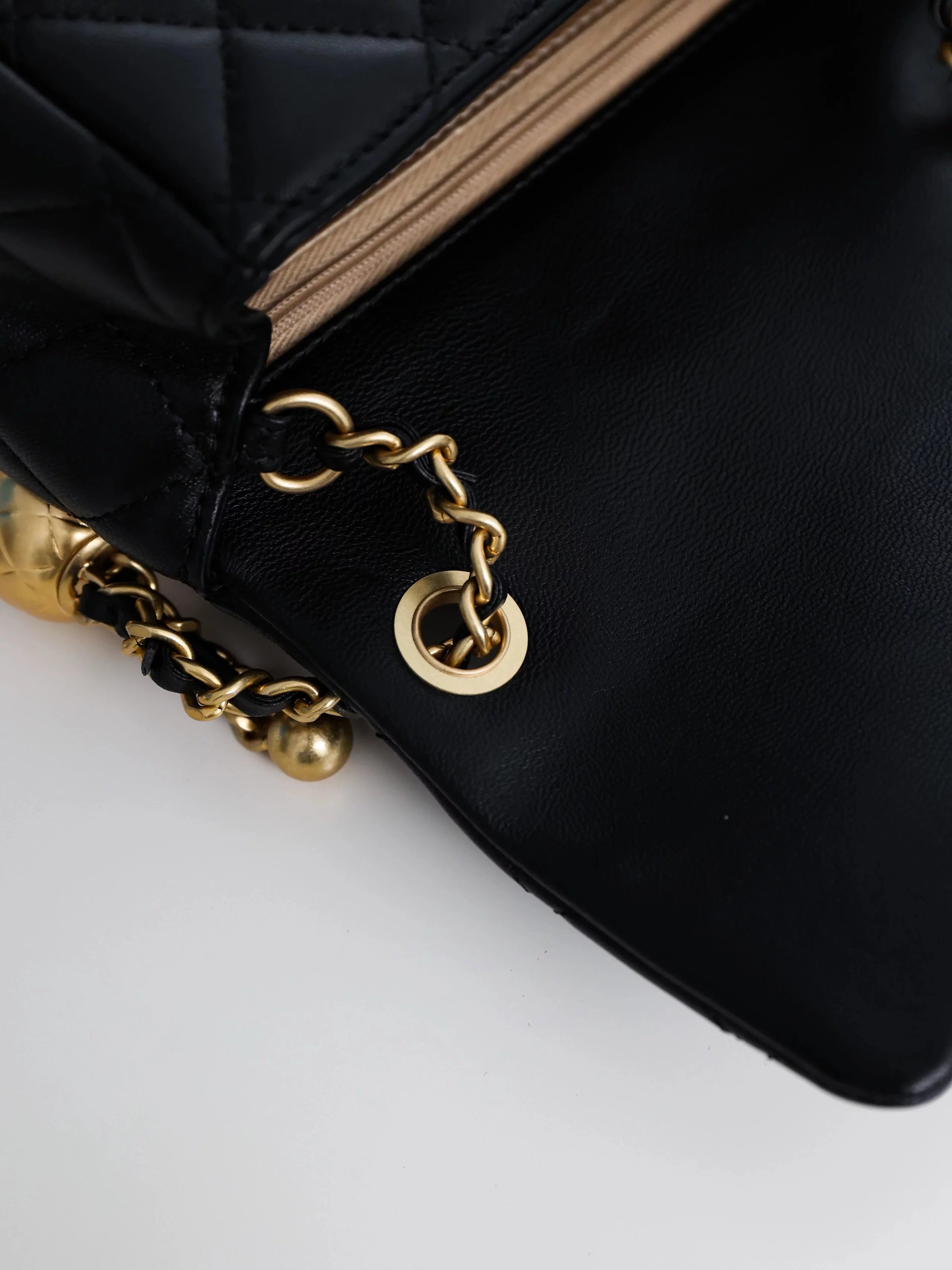 Item ID 8460 CHANEL - Classic Chain Bag - Mini Golden Bead Square Fat Flip Bag - Sm