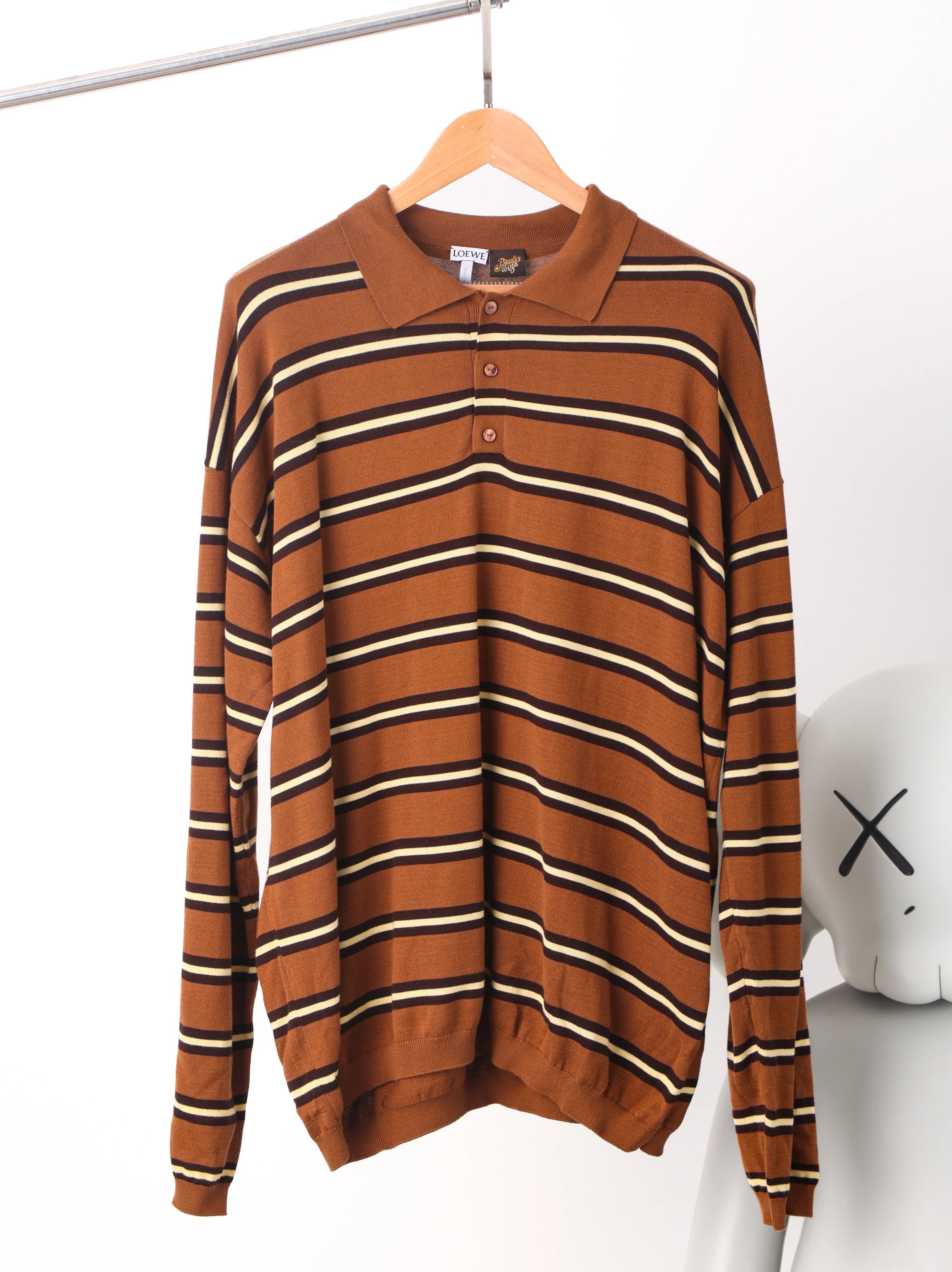Item ID 8182 L0EWE-Luoyiwei-2024-ss-striped knitted pure cotton polo shirt - brown
