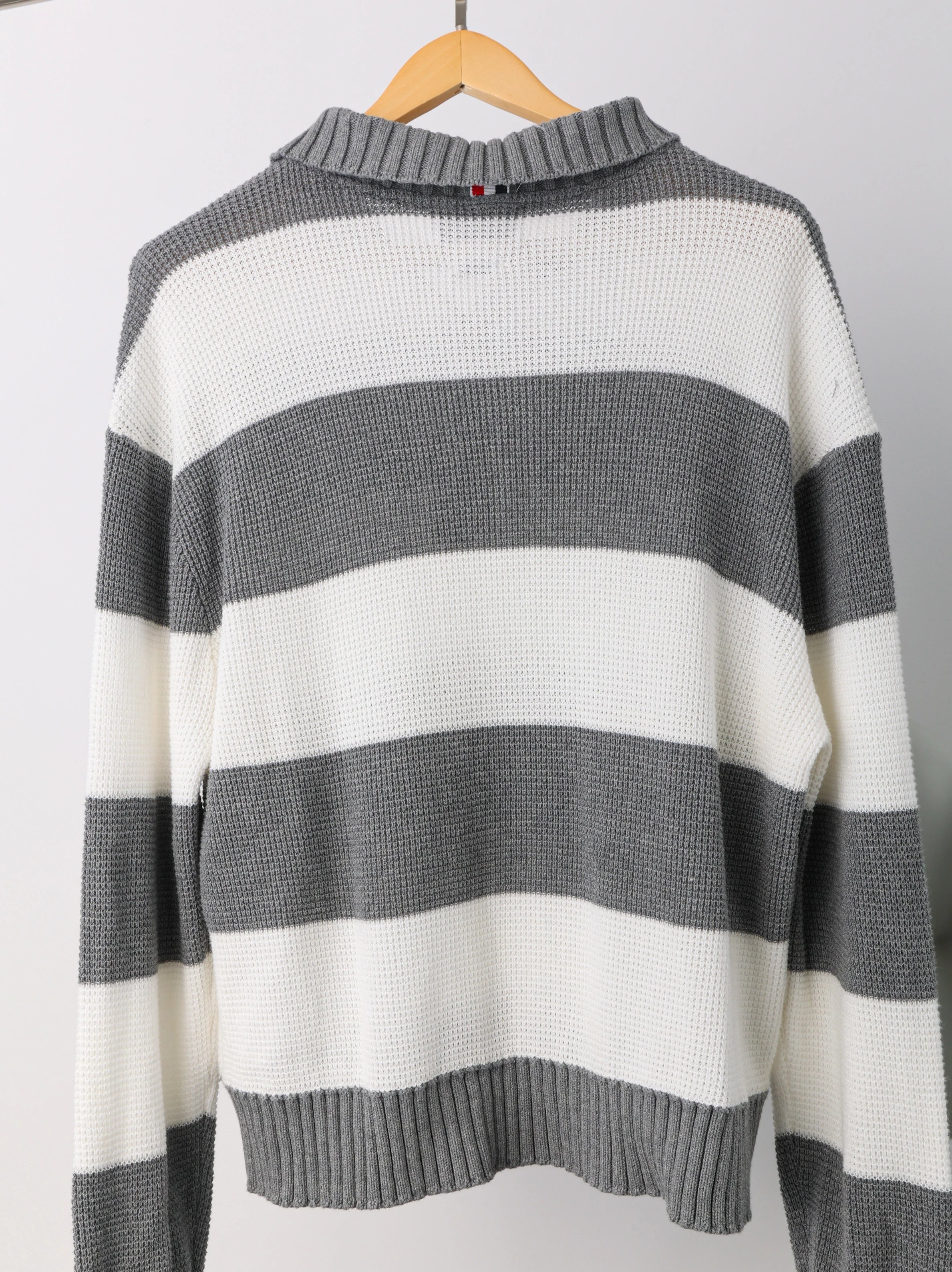 Item ID 8191 THOM-BR0WNE-TB-2024-ss-Grey white striped knitted polo shirt - Double