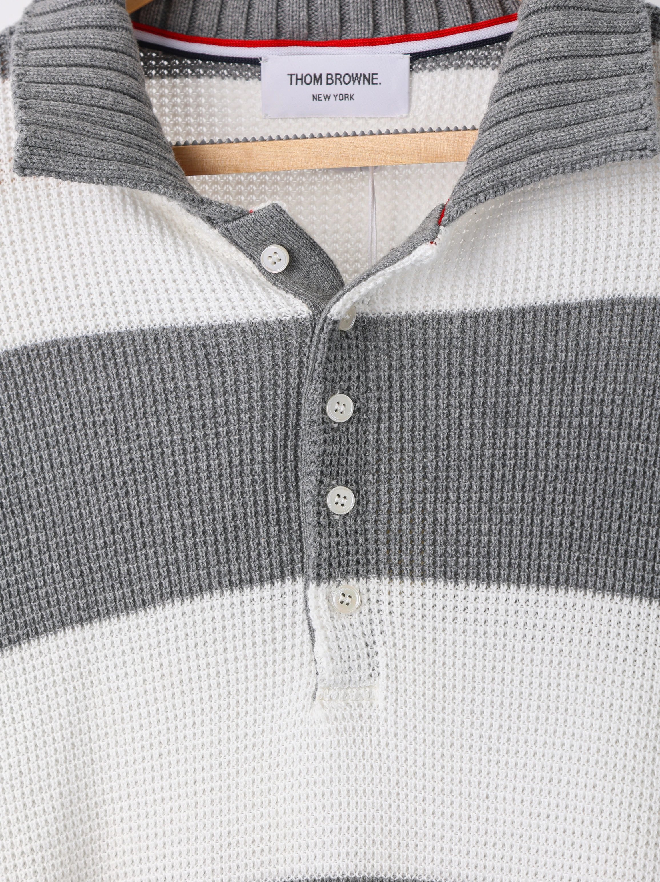 Item ID 8191 THOM-BR0WNE-TB-2024-ss-Grey white striped knitted polo shirt - Double