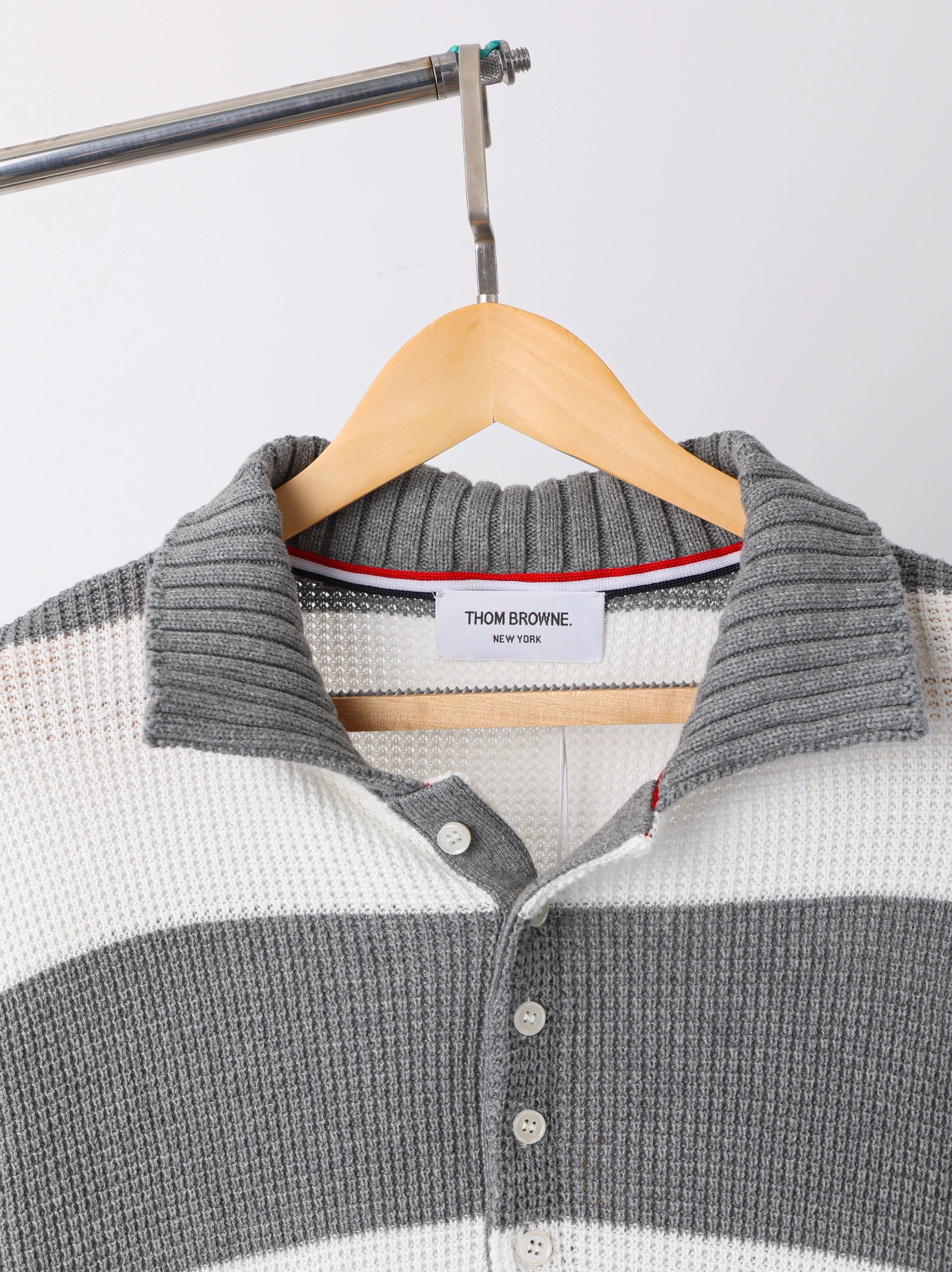 Item ID 8191 THOM-BR0WNE-TB-2024-ss-Grey white striped knitted polo shirt - Double