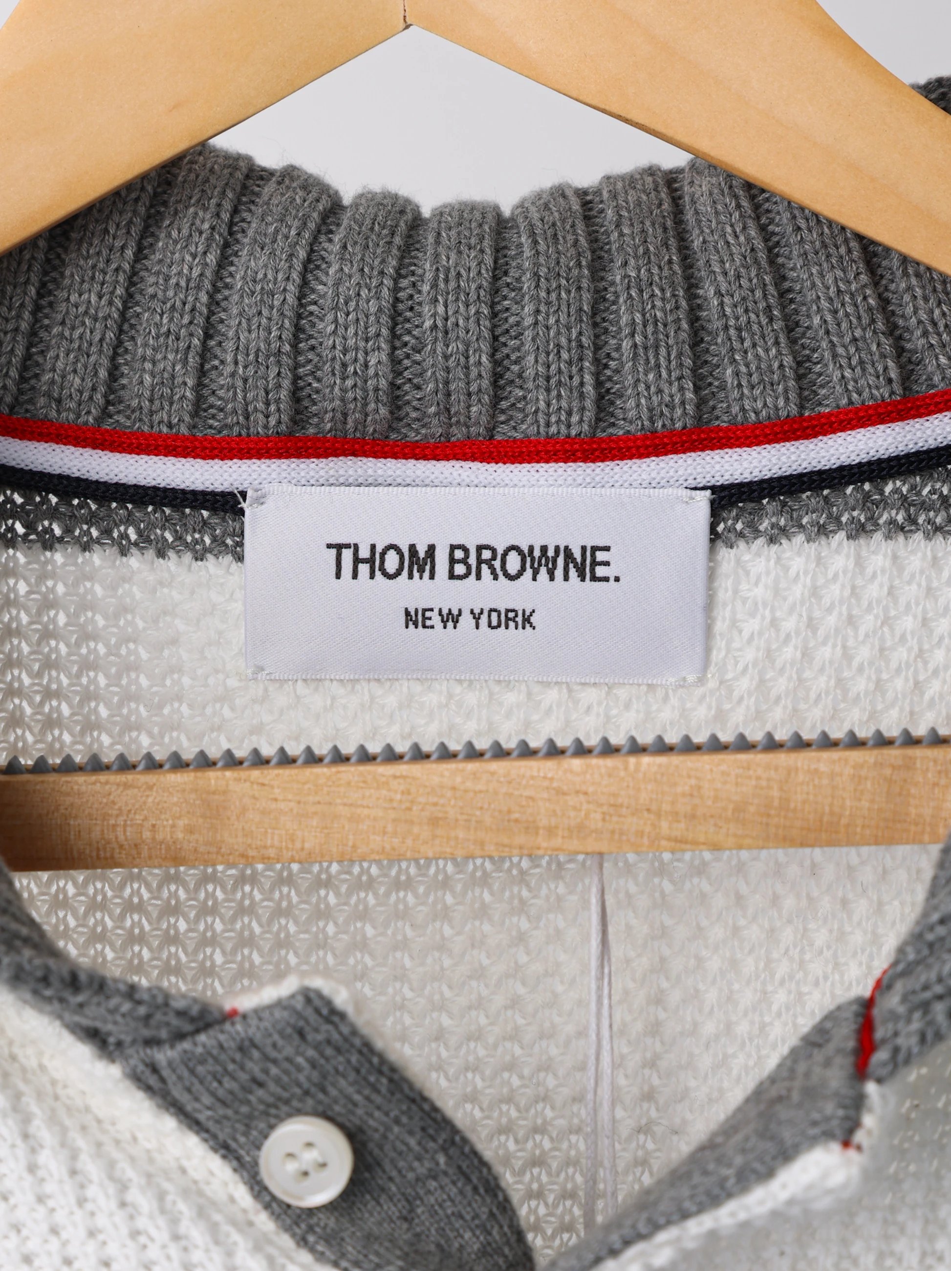 Item ID 8191 THOM-BR0WNE-TB-2024-ss-Grey white striped knitted polo shirt - Double
