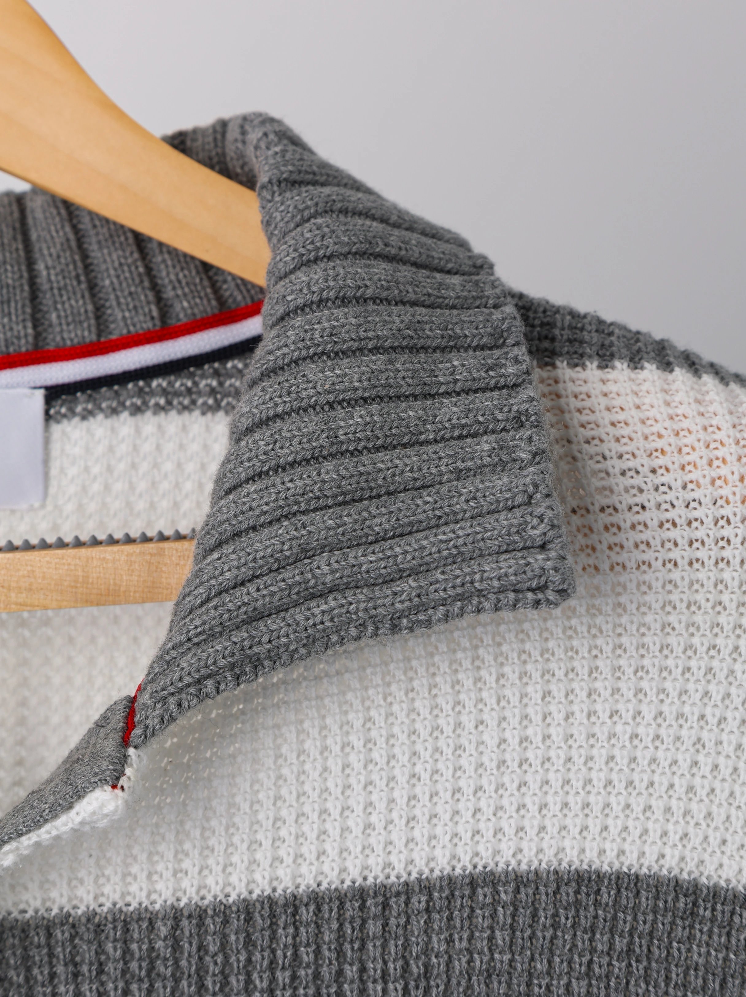 Item ID 8191 THOM-BR0WNE-TB-2024-ss-Grey white striped knitted polo shirt - Double
