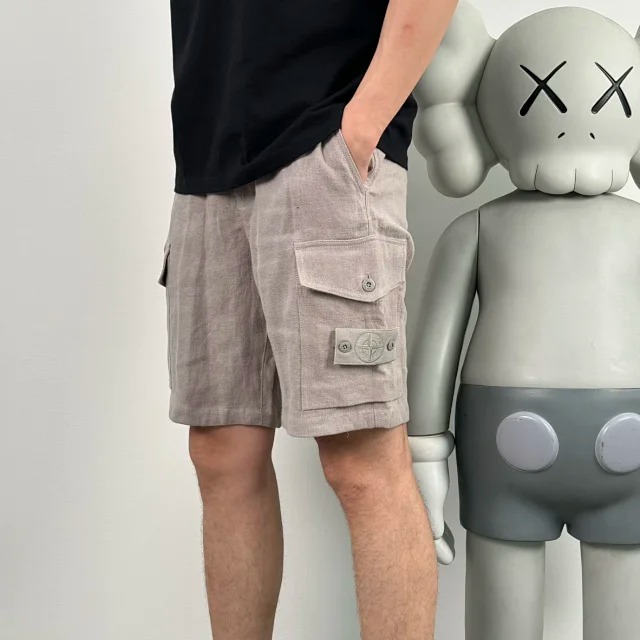 Item ID 9037 SI Stone 100% linen main fabric all accessories customized mid waist straight leg five point casual shorts