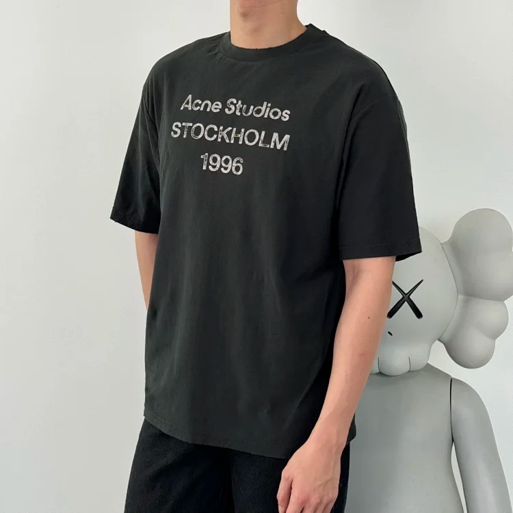 Item ID 9042 Acne 1996 series handmade spray painted distressed exclusive 85% cotton+15% linen short sleeved T-shirt dirty white black