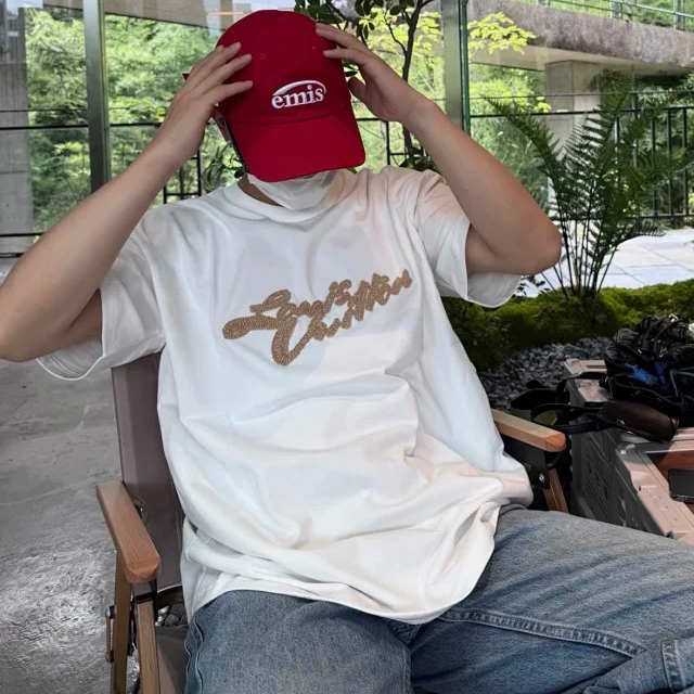 Item ID 9040 1V dual color faux Lafite grass embroidery solid color embroidery short sleeved T-shirt Black white
