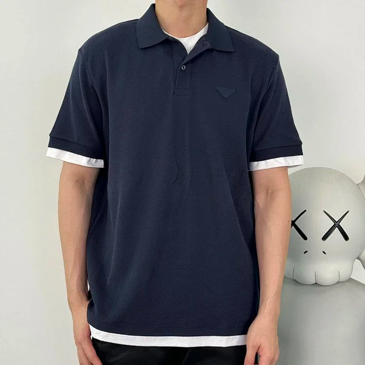 Item ID 9050 PRA pure cotton fake two-piece polo shirt with new color scheme, chest patch with triangular logo