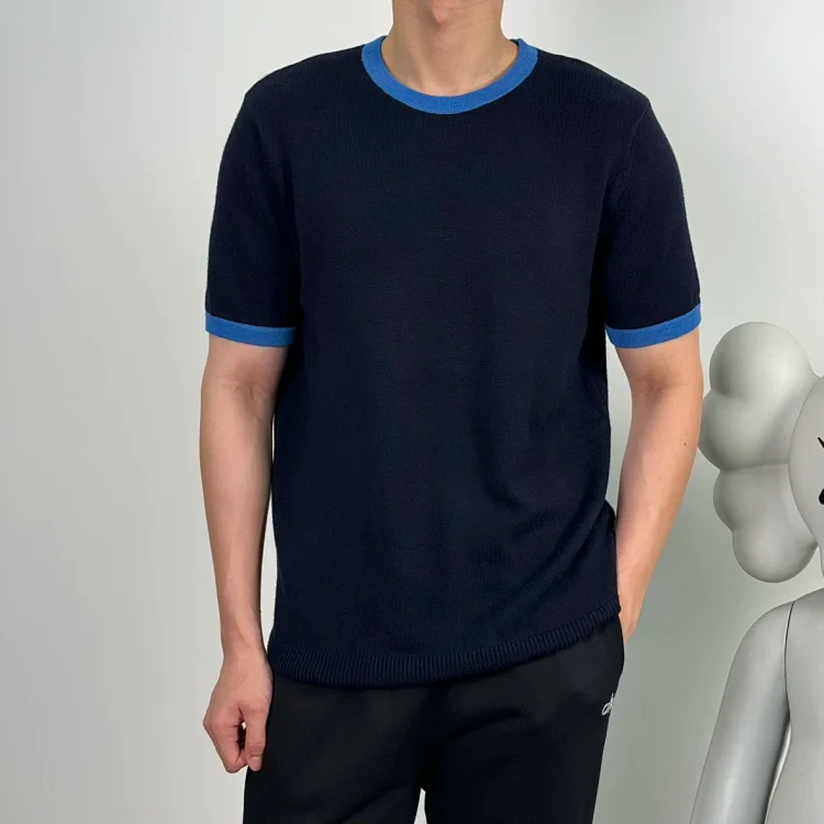 Item ID 9072 PRA round neck contrasting short sleeved cashmere sweater with slim fit and large card size Unisex