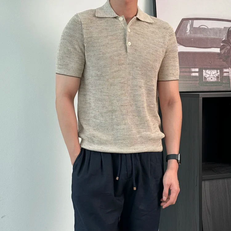 Item ID 9076 BC Natural Beimu Button Ribbed Knitted Collar Cotton Top Polo Shirt