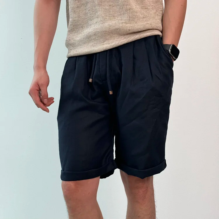 Item ID 9079 BC natural linen rolled edge shorts with double pleat design, drawstring, elastic waistband, and pleated casual shorts