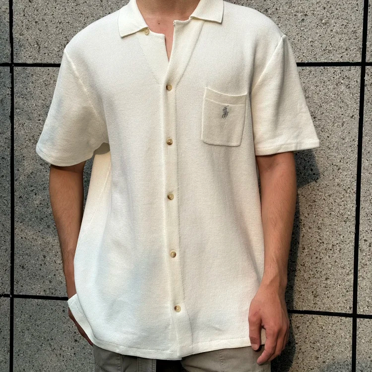 Item ID 9089 LR Poluoge Flat Machine Weaving Method Cotton Solid Color Pony Embroidery Short Sleeve Cardigan Knitted Standard Edition