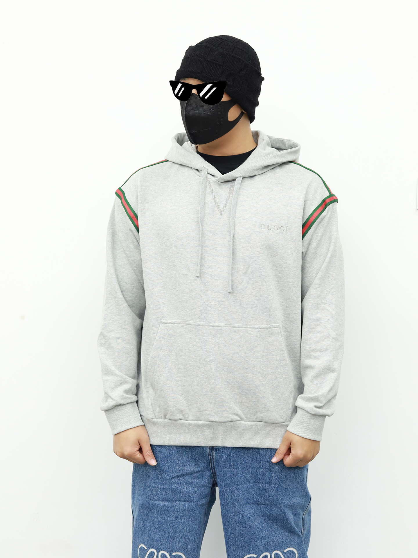 Gucci条纹连帽卫衣 灰色