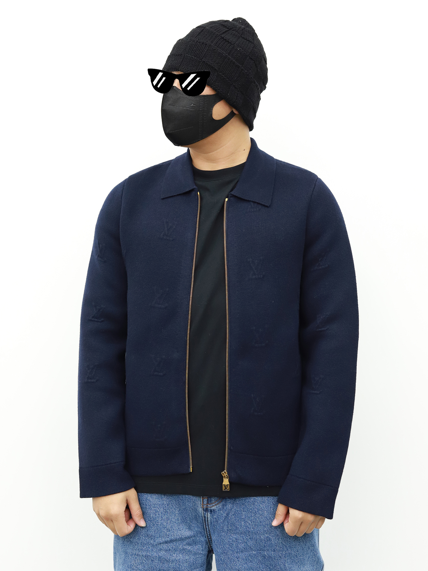 LV 镶嵌领子拉链针织外套 藏青色