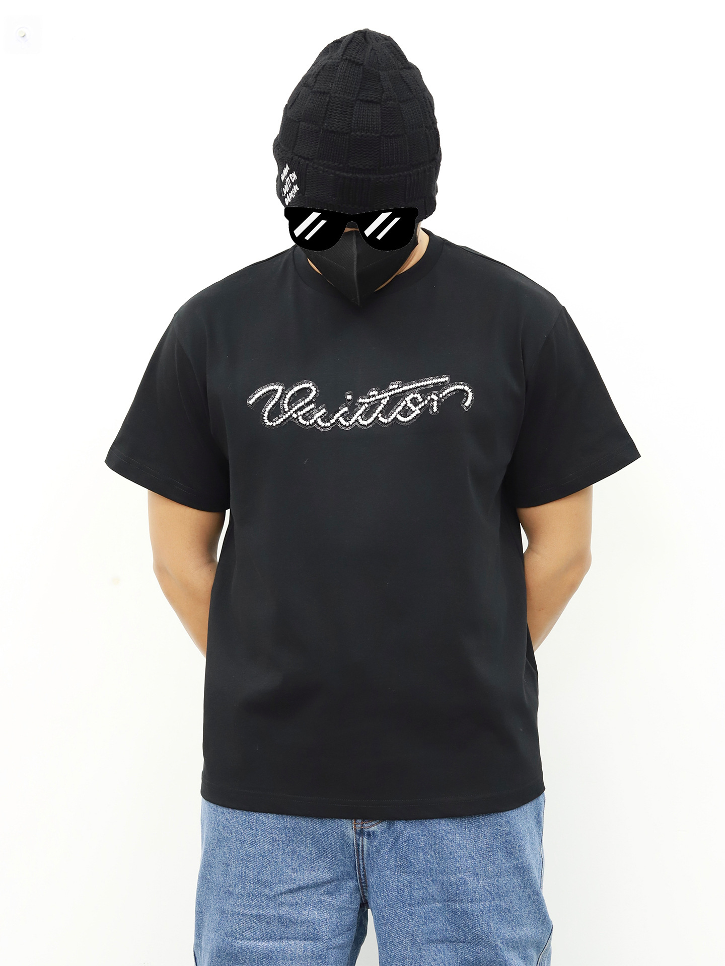 LV 镶钻字母短袖 黑色