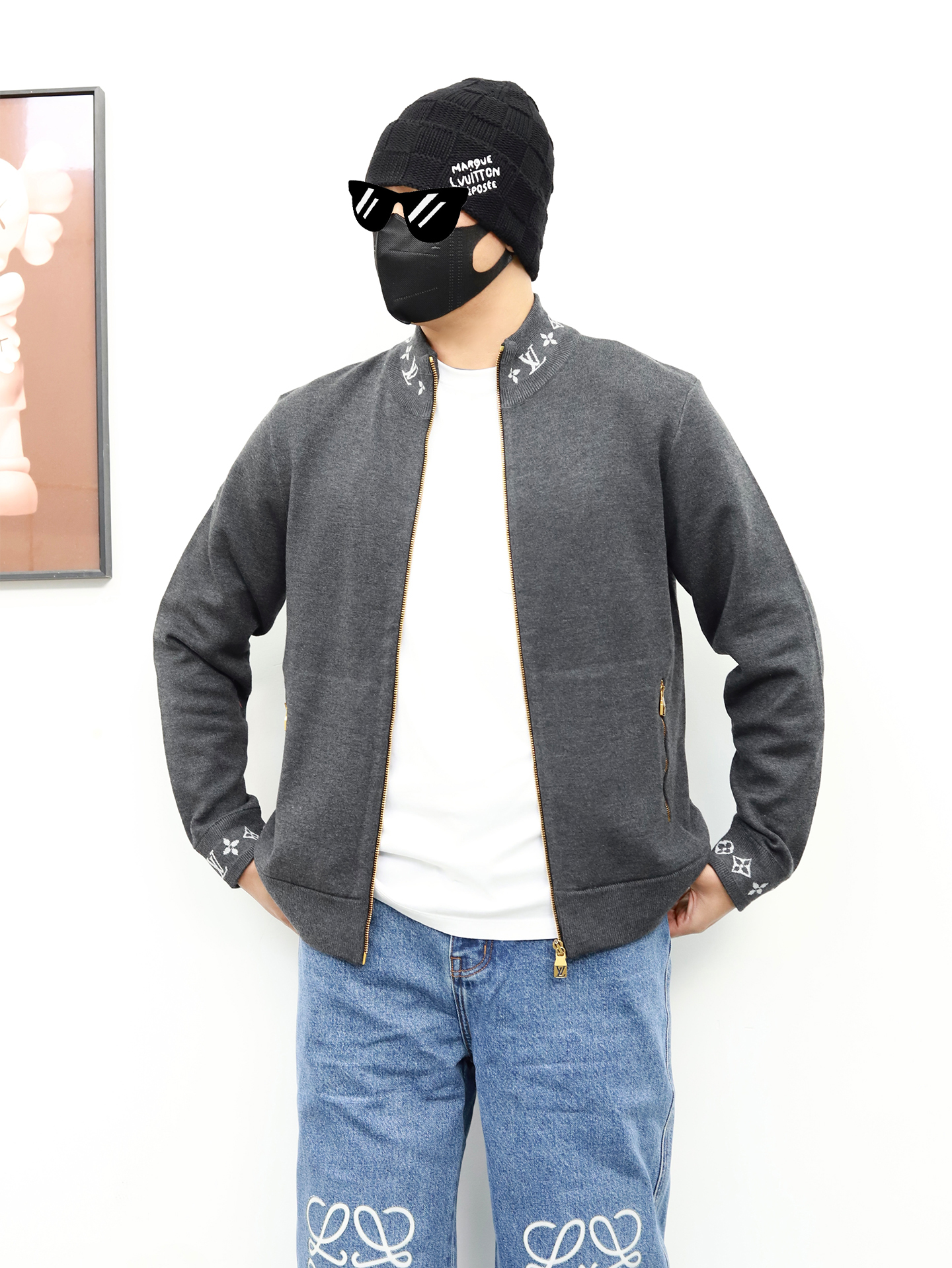 1V Knitted Collar Jacquard Zip Up