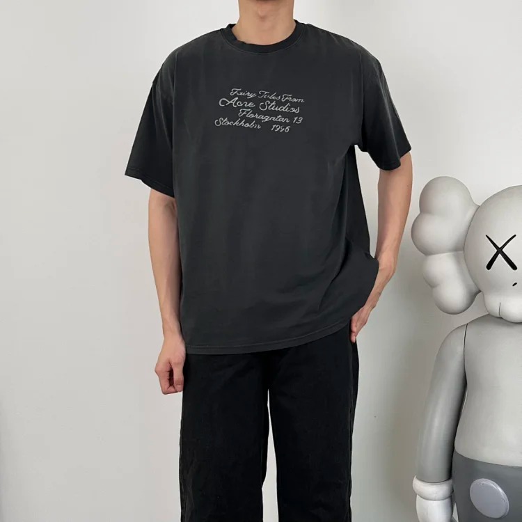 Item ID 9032 Acne 1996 flocking logo printed round neck loose short sleeved T-shirt in blackbeige