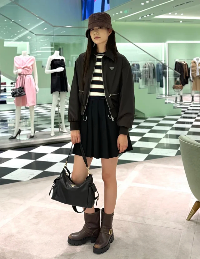 Item ID 9069 PRA Enamel Metal Triangle Logo Nylon Shoulder Cross Shoulder Handbag Black Large Women's Edition