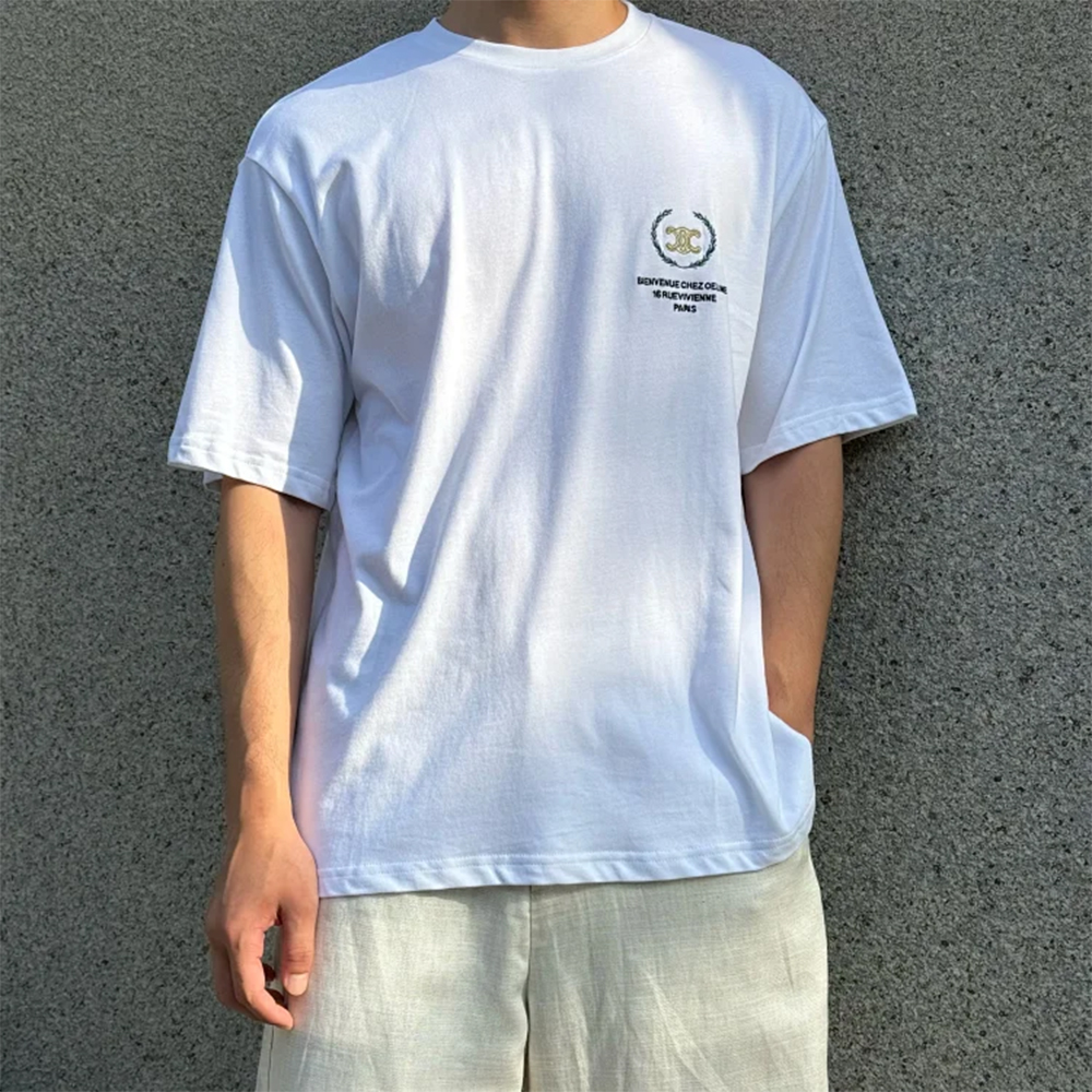 Item ID 9085 CHANE1 Suede Soft Long staple Cotton Fabric Round Neck Logo Embroidered Short Sleeve T-shirt