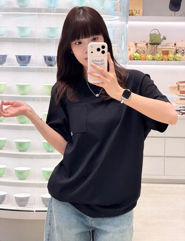 Item ID 9086 LOE Two Color Fixed Dyeing Yarn Precollection Series Cotton Solid Color Short Sleeve T-shirt Loose Edition