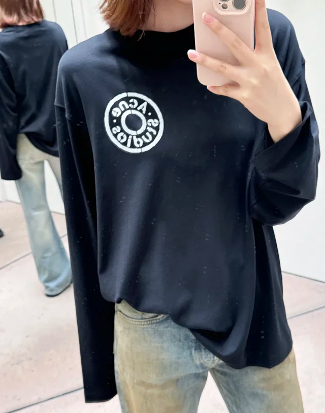 Item ID 9095 Acne SS26 60-thread-count double-ply combed cotton, mottled vintage screen print, classic round neck ribbed trim logo, long-sleeved T-shir