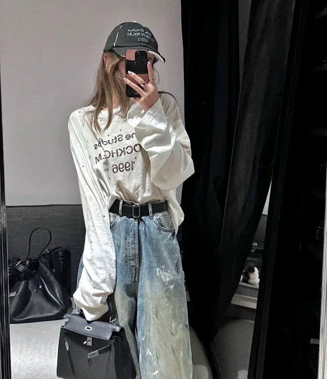 Item ID 9094 Acne FW25 Imported Mirror Patch 1996 Series Classic Starry Sky, Distressed Vintage Casual Long-sleeved T-shirt