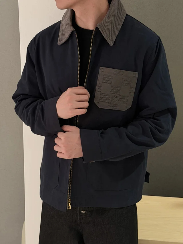 Item ID 9112 1V High-end custom FW26 amier checkered leather pocket workwear jacket, linen long-sleeved zipper leather logo patch pocket workwear jacket outerwear