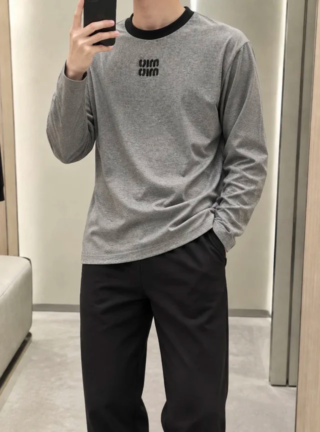 Item ID 9107 M1UM1U Autumn Lazy Style  Fixed-dyed Flower Grey Main Fabric, Long-sleeved Cotton Loose Knitted Dropped Shoulder Sleeve, Long-sleeved T-shirt