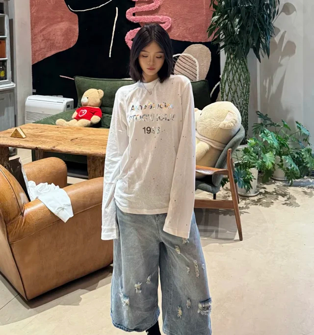 Item ID 9094 Acne FW25 Imported Mirror Patch 1996 Series Classic Starry Sky, Distressed Vintage Casual Long-sleeved T-shirt