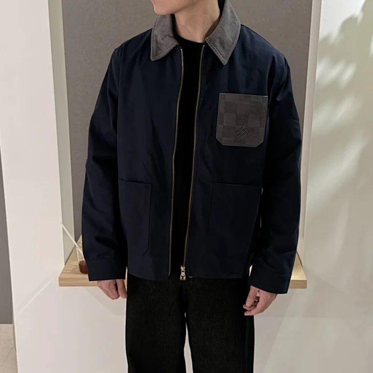 Item ID 9112 1V High-end custom FW26 amier checkered leather pocket workwear jacket, linen long-sleeved zipper leather logo patch pocket workwear jacket outerwear