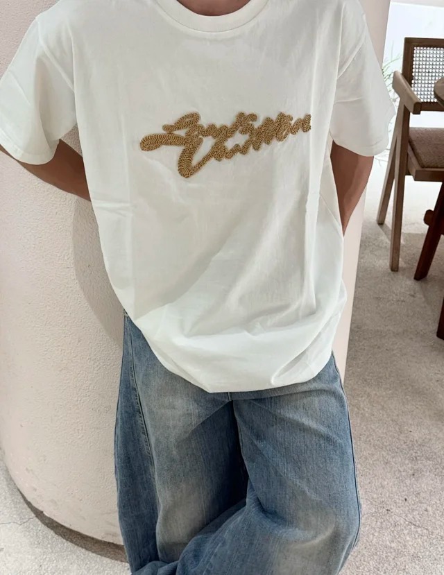 Item ID 9040 1V dual color faux Lafite grass embroidery solid color embroidery short sleeved T-shirt Black white
