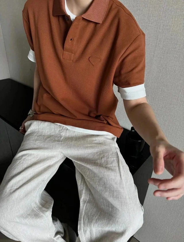 Item ID 9050 PRA pure cotton fake two-piece polo shirt with new color scheme, chest patch with triangular logo