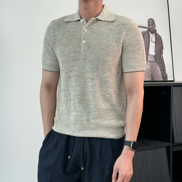 Item ID 9076 BC Natural Beimu Button Ribbed Knitted Collar Cotton Top Polo Shirt