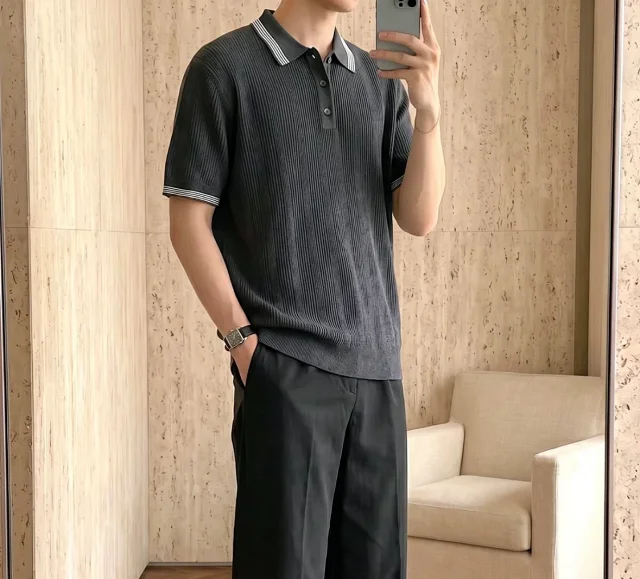 Item ID 9083 BC 32 Double Strand Yarn Solid Color Cotton Texture Ribbed Knitted Short Sleeve Polo Shirt