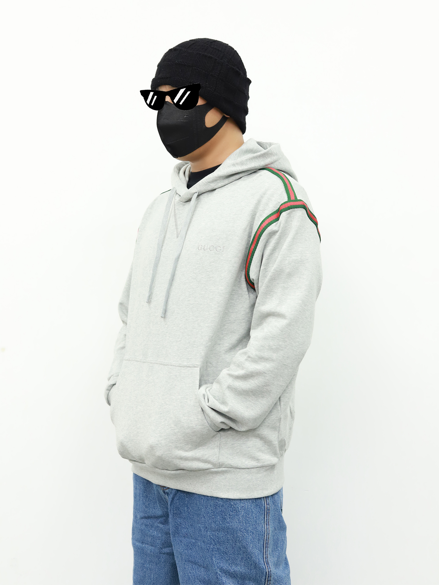 Gucci条纹连帽卫衣 灰色