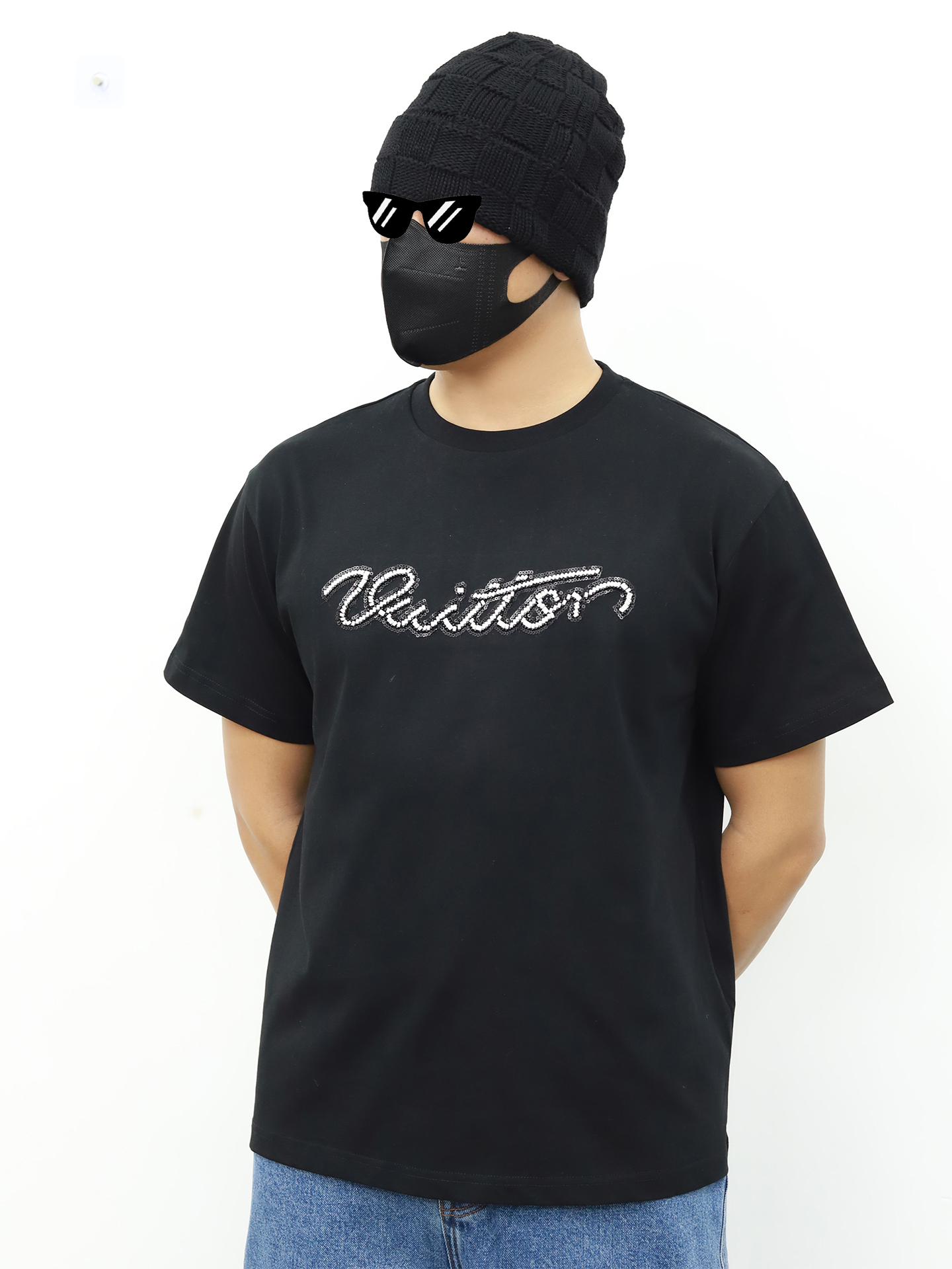 LV 镶钻字母短袖 黑色