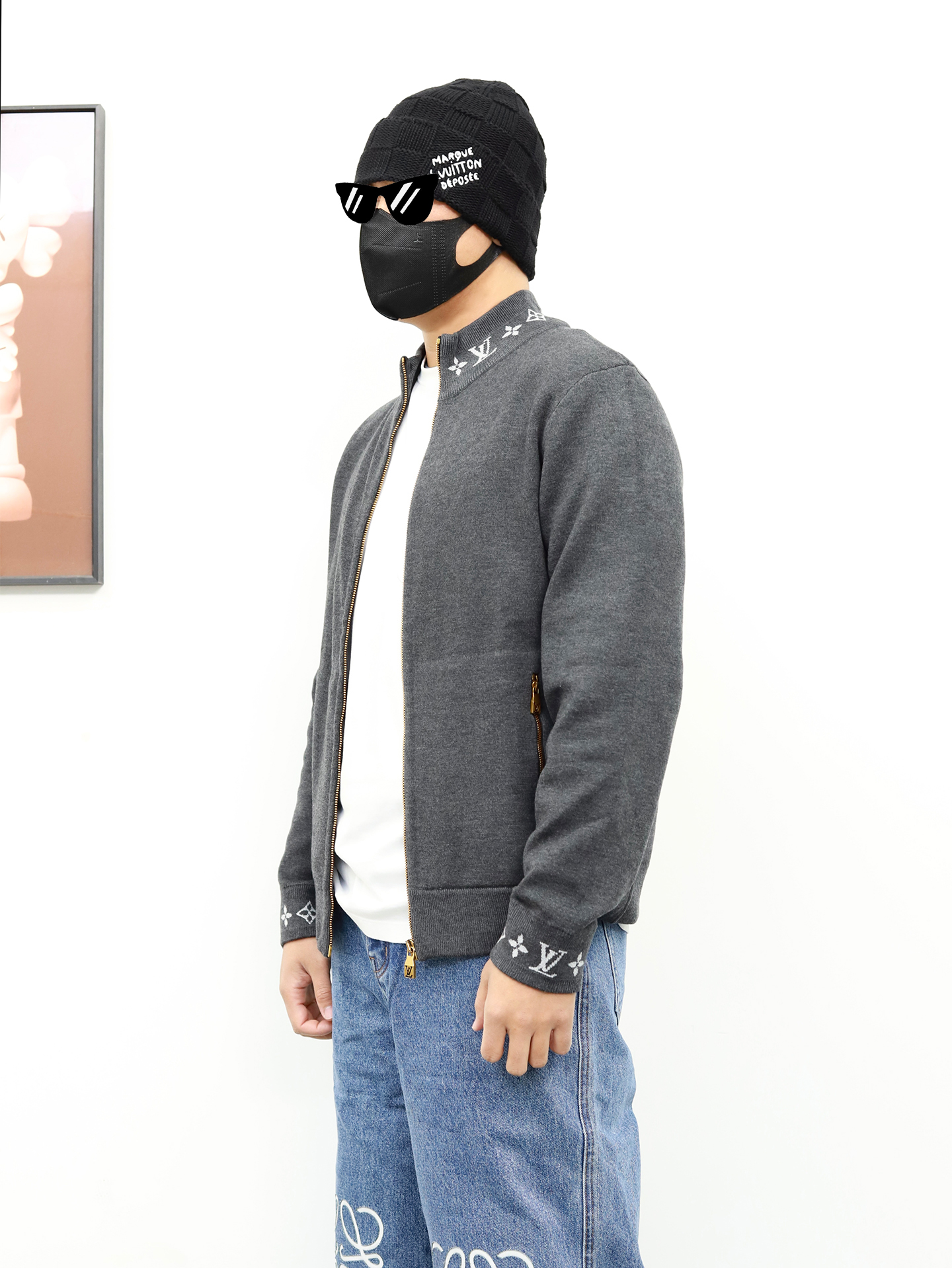 1V Knitted Collar Jacquard Zip Up