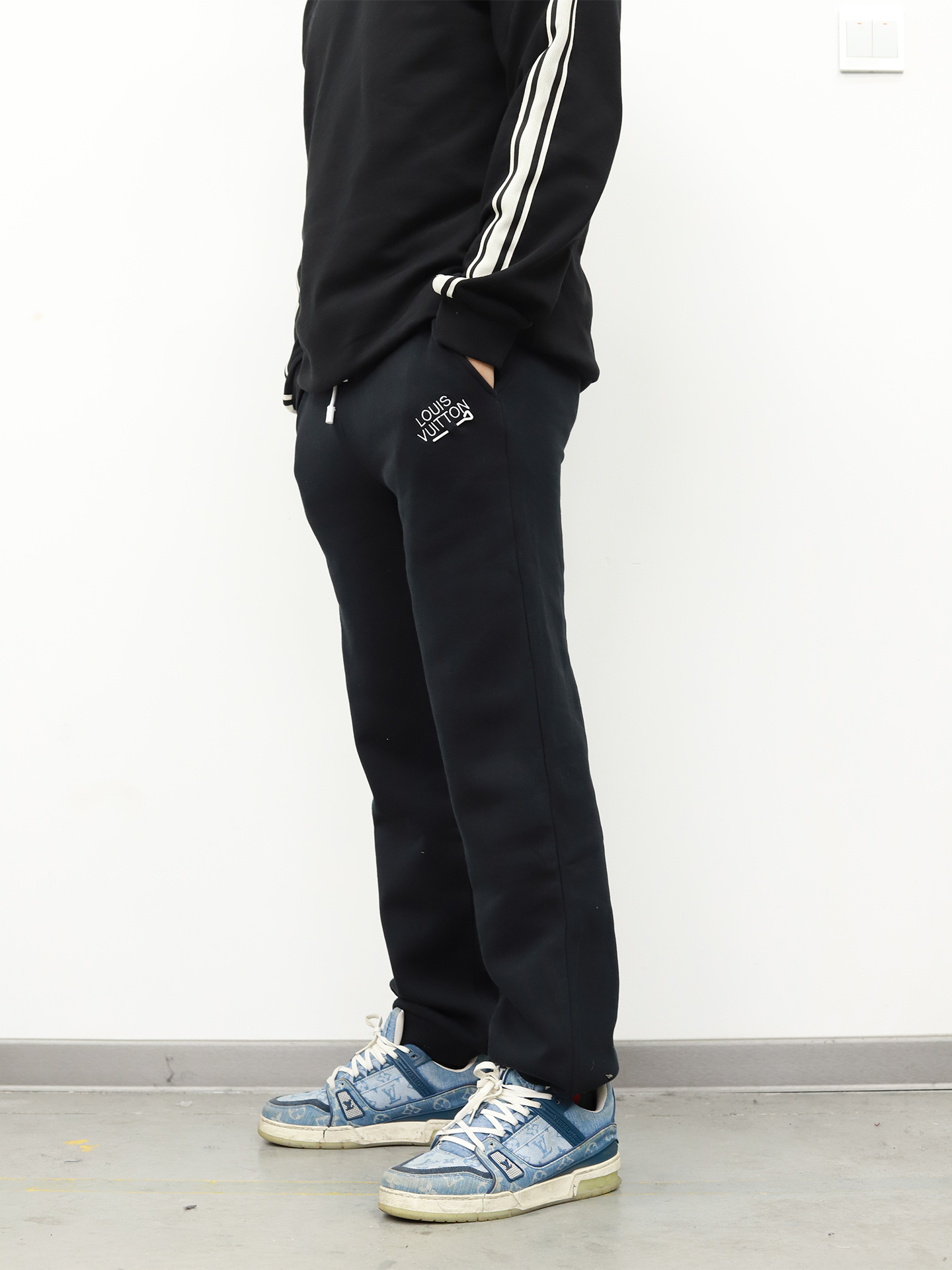 LV pin and velvet sweatpants