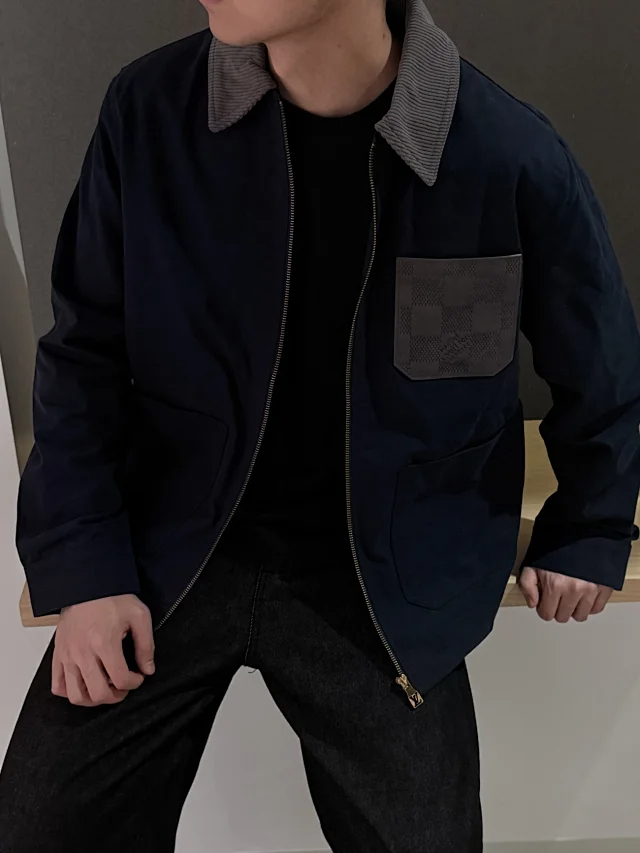 Item ID 9112 1V High-end custom FW26 amier checkered leather pocket workwear jacket, linen long-sleeved zipper leather logo patch pocket workwear jacket outerwear