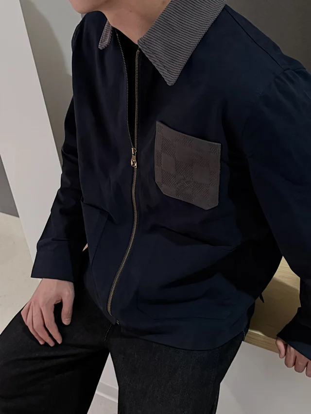 Item ID 9112 1V High-end custom FW26 amier checkered leather pocket workwear jacket, linen long-sleeved zipper leather logo patch pocket workwear jacket outerwear