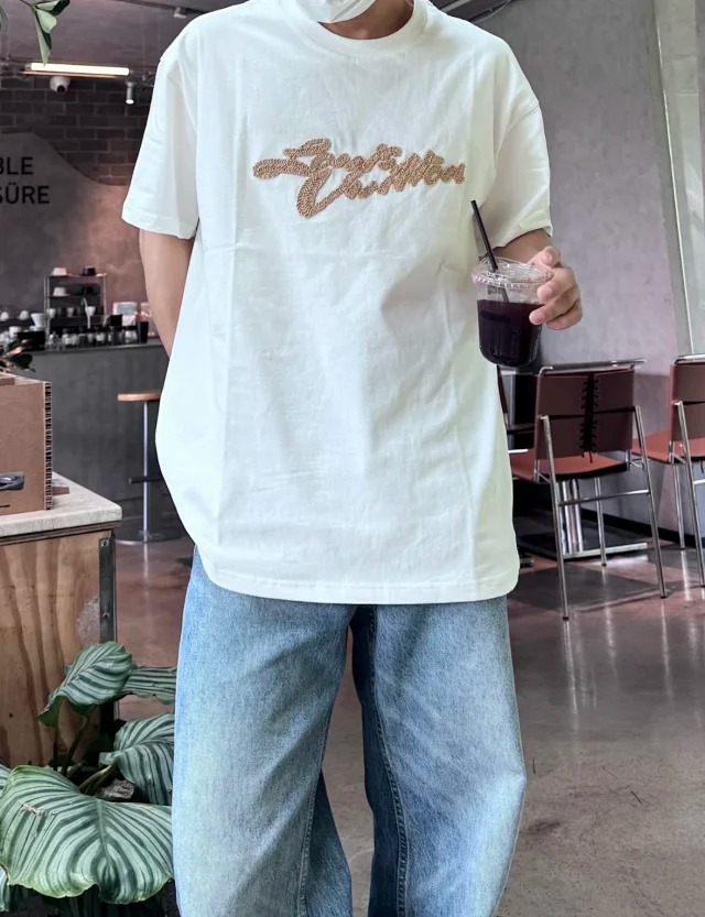 Item ID 9040 1V dual color faux Lafite grass embroidery solid color embroidery short sleeved T-shirt Black white