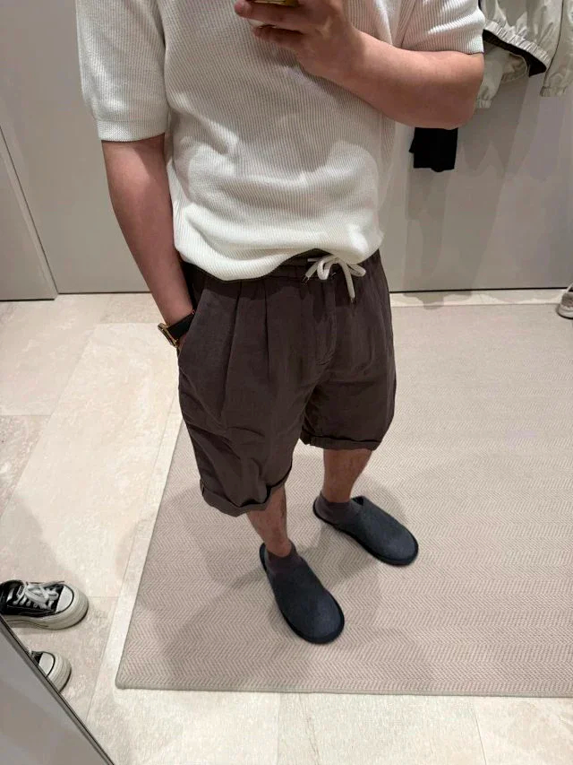 Item ID 9079 BC natural linen rolled edge shorts with double pleat design, drawstring, elastic waistband, and pleated casual shorts