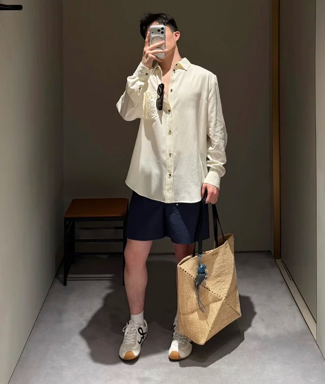 Item ID 9104 LOE SS26 80_Lysell + 20_Polyester Unique wood pulp fiber texture, lapel, button chest pocket, logo embroidery, long-sleeved shirt, loose version, men's style