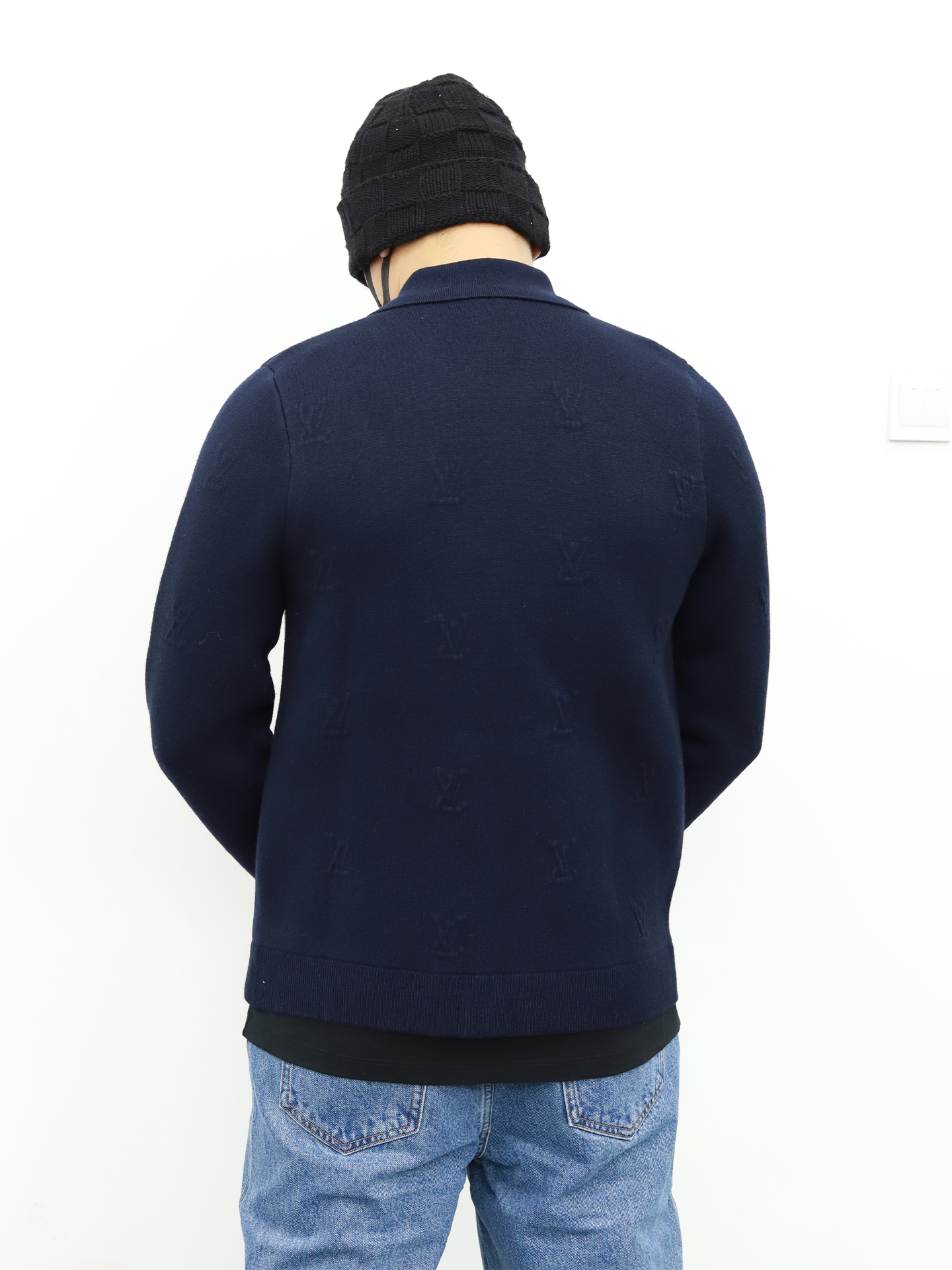 LV 镶嵌领子拉链针织外套 藏青色