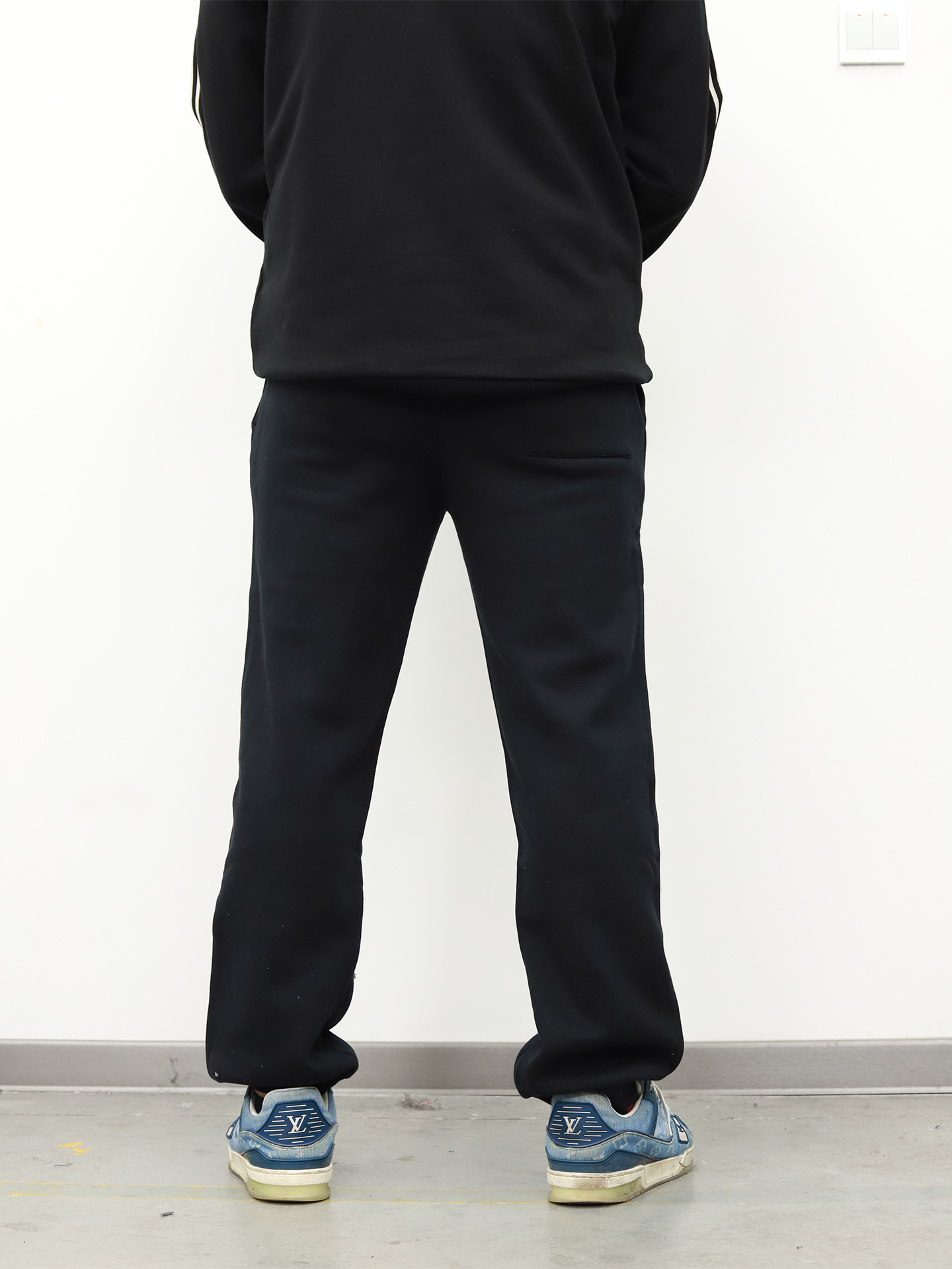 LV pin and velvet sweatpants