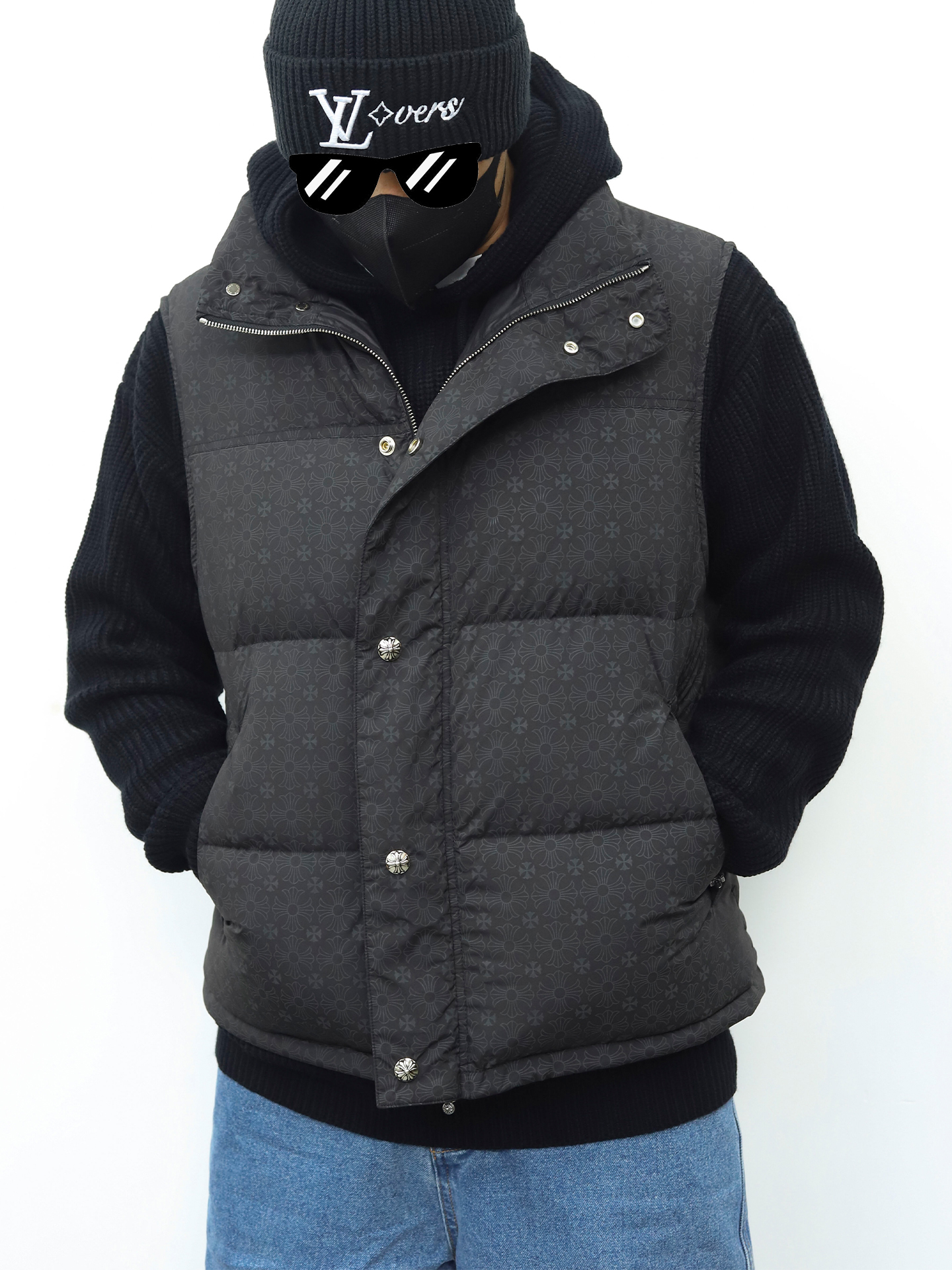 克罗心羽绒马甲 暗纹黑